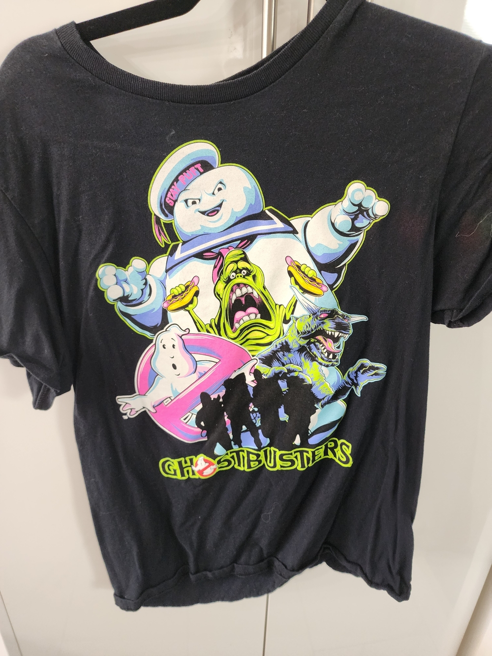 Ghostbusters Neon Character Graphic Tee - Black Stay Puft Marshmallow